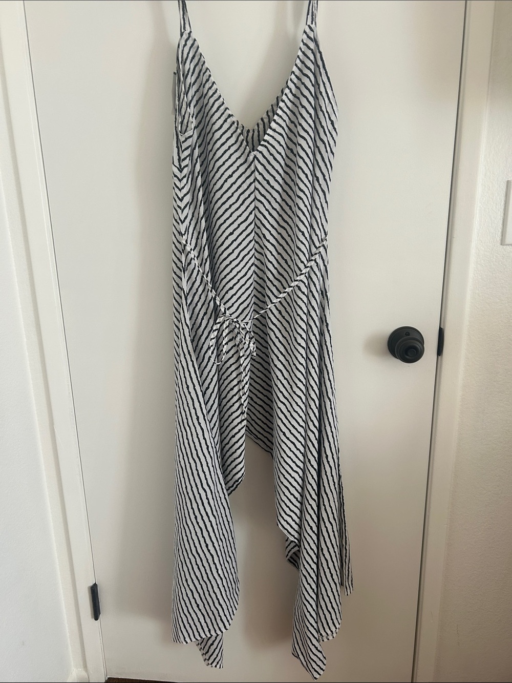 Striped V-Neck Handkerchief Hem Dress in White and Black